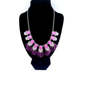Charming Charlie Fuchsia Pink Beaded Dangle Necklace With Silver Tone Chain